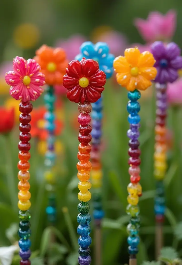 25 Beaded Garden Stakes DIY Projects That Add Color and Fun - 1. Rainbow Delight Stakes