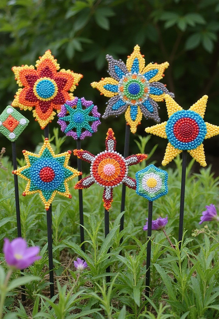 25 Beaded Garden Stakes DIY Projects That Add Color and Fun - 7. Geometric Wonder Stakes