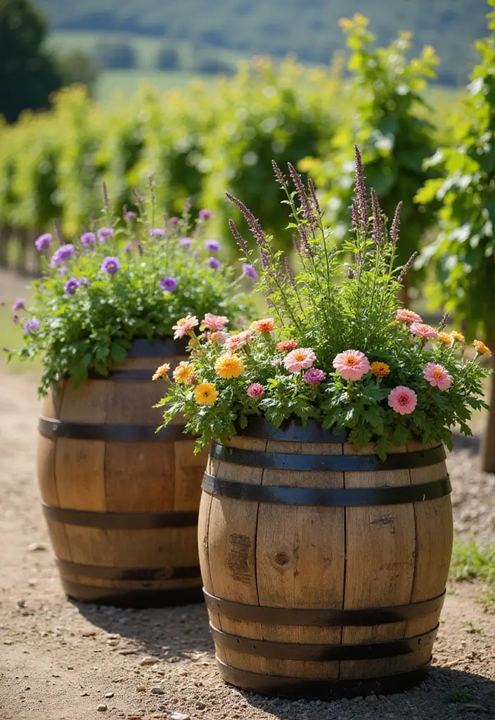 25 DIY Garden Bed Raised Designs for Efficient Growing - 15. Wine Barrel Planters