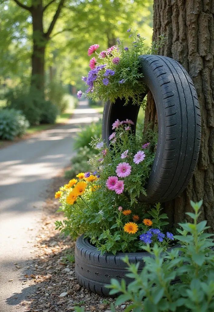 25 DIY Garden Bed Raised Designs for Efficient Growing - 8. Recycled Tire Planters