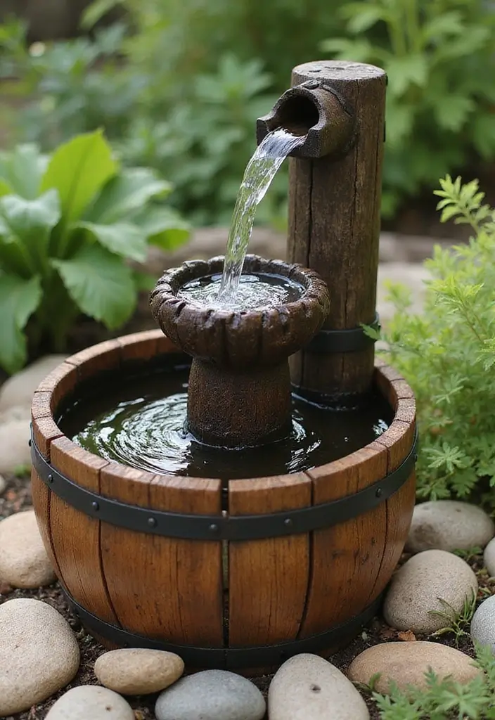25 DIY Garden Fountains Outdoor Designs That Soothe the Soul - 1. Rustic Barrel Fountain