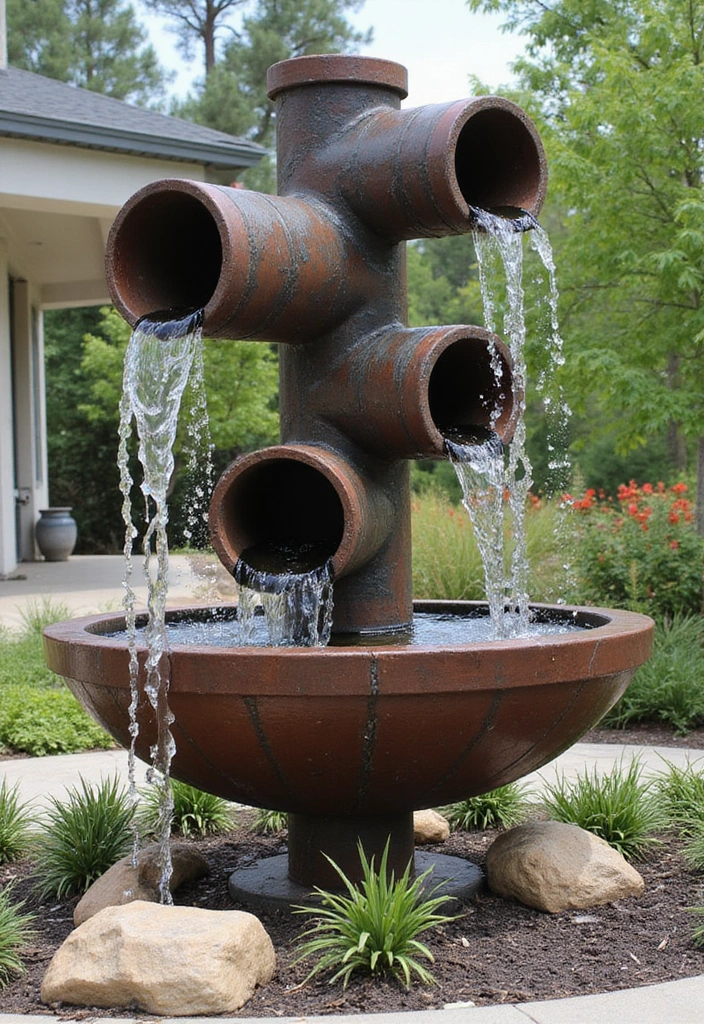 25 DIY Garden Fountains Outdoor Designs That Soothe the Soul - 20. Recycled Pipe Fountain
