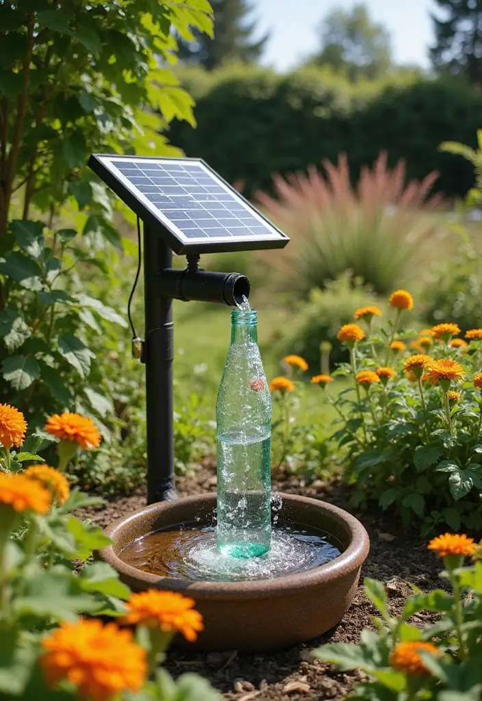 25 DIY Garden Fountains Outdoor Designs That Soothe the Soul - 25. Solar-Powered Bottle Fountain