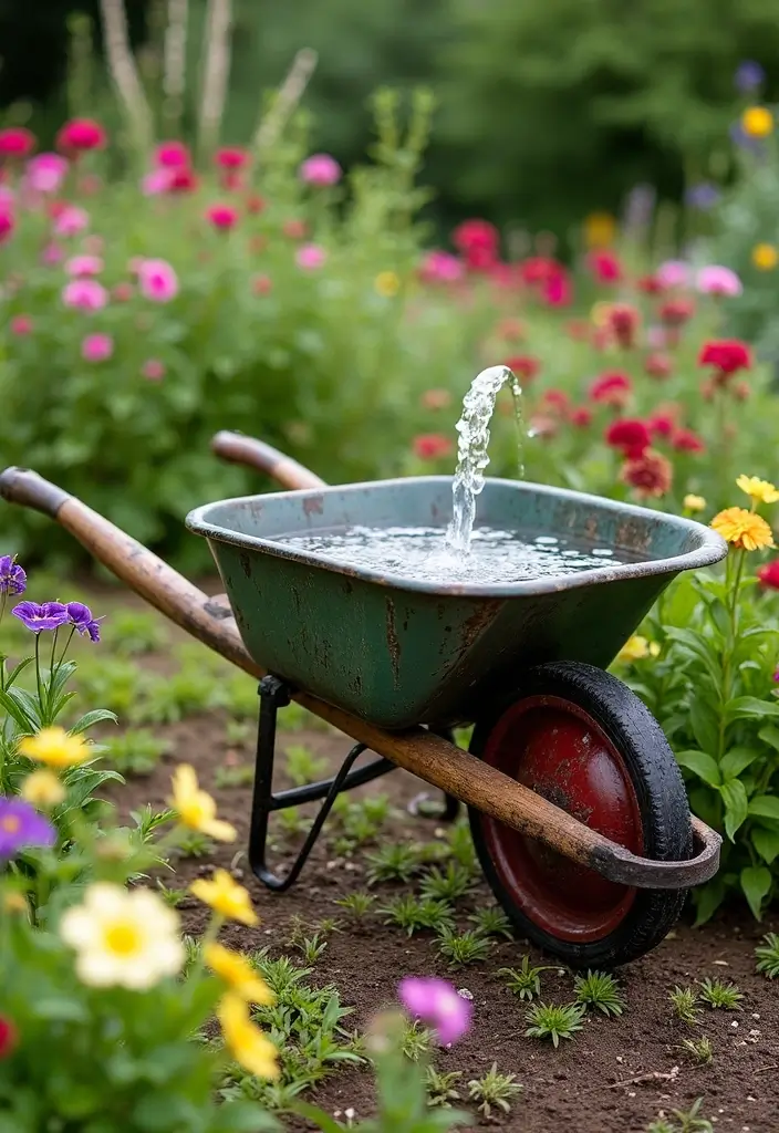 25 DIY Garden Fountains Outdoor Designs That Soothe the Soul - 5. Upcycled Wheelbarrow Fountain