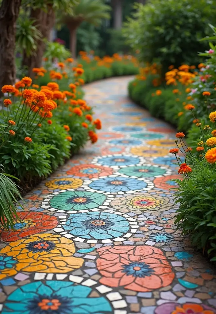 25 DIY Garden Paths and Walkways for a Beautiful Backyard - 11. Mosaic Tile Walkway