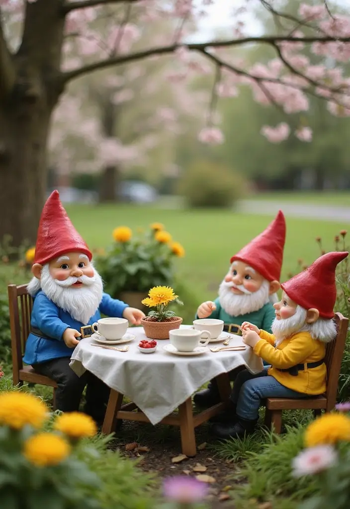 25 Gnome Garden Ideas DIY Fairy Village Creations Full of Magic - 8. Gnome Tea Party Extravaganza