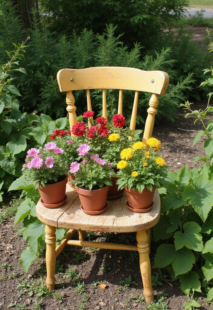 25 Stunning Garden Crafts DIY Yard Art Projects Using Recycled Materials - 15. Old Chair Garden Decor