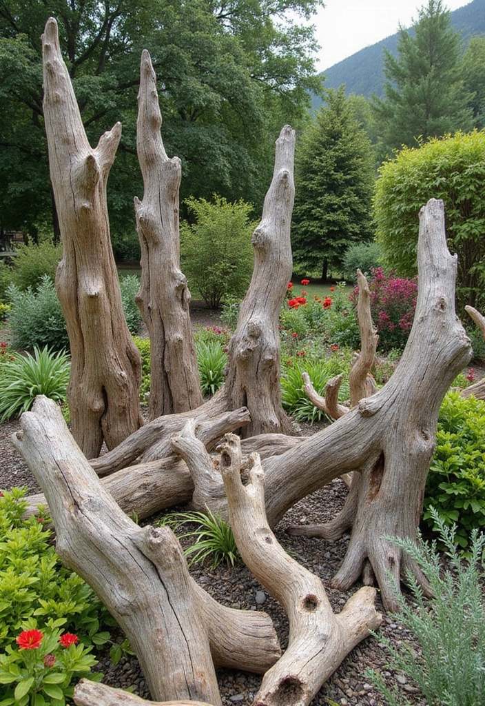 25 Stunning Garden Crafts DIY Yard Art Projects Using Recycled Materials - 17. Driftwood Garden Sculptures