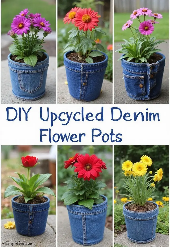 25 Stunning Garden Crafts DIY Yard Art Projects Using Recycled Materials - 20. Upcycled Jeans Flower Pots