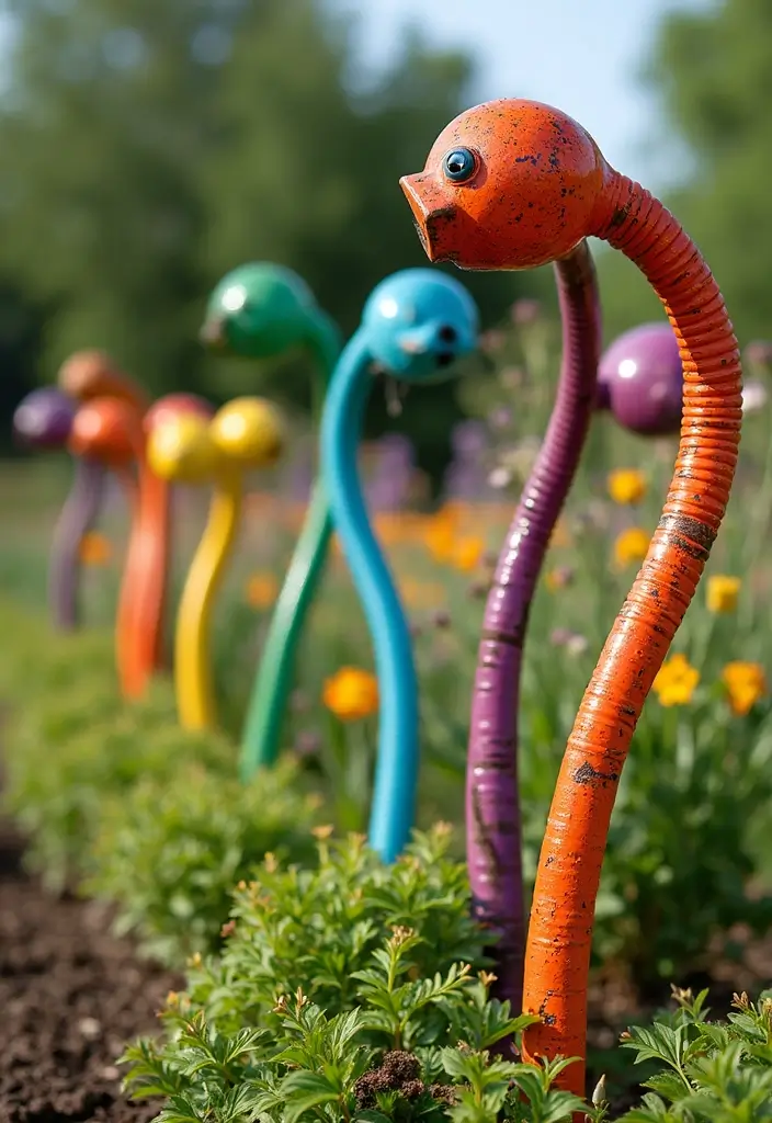 25 Stunning Garden Crafts DIY Yard Art Projects Using Recycled Materials - 23. Upcycled Garden Art with Old Hoses