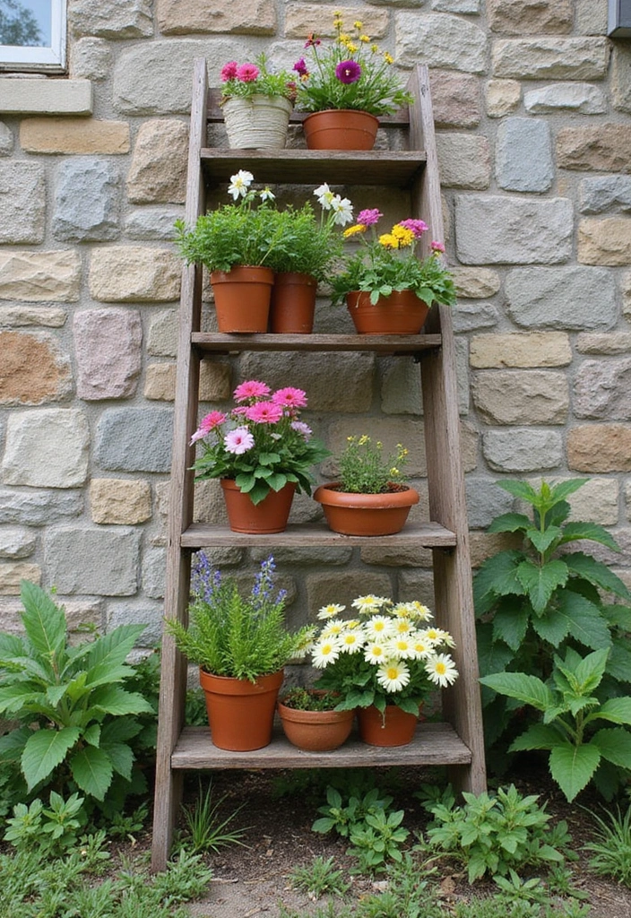 25 Stunning Garden Crafts DIY Yard Art Projects Using Recycled Materials - 9. Repurposed Ladder Vertical Garden