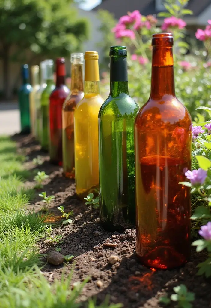 27 DIY Garden Edging Ideas Cheap Yet Stunning - 1. Whimsical Wine Bottle Border