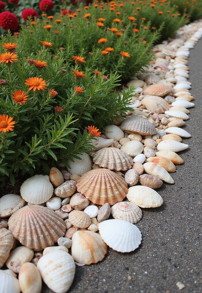 27 DIY Garden Edging Ideas Cheap Yet Stunning - 16. Whimsical Seashell Border