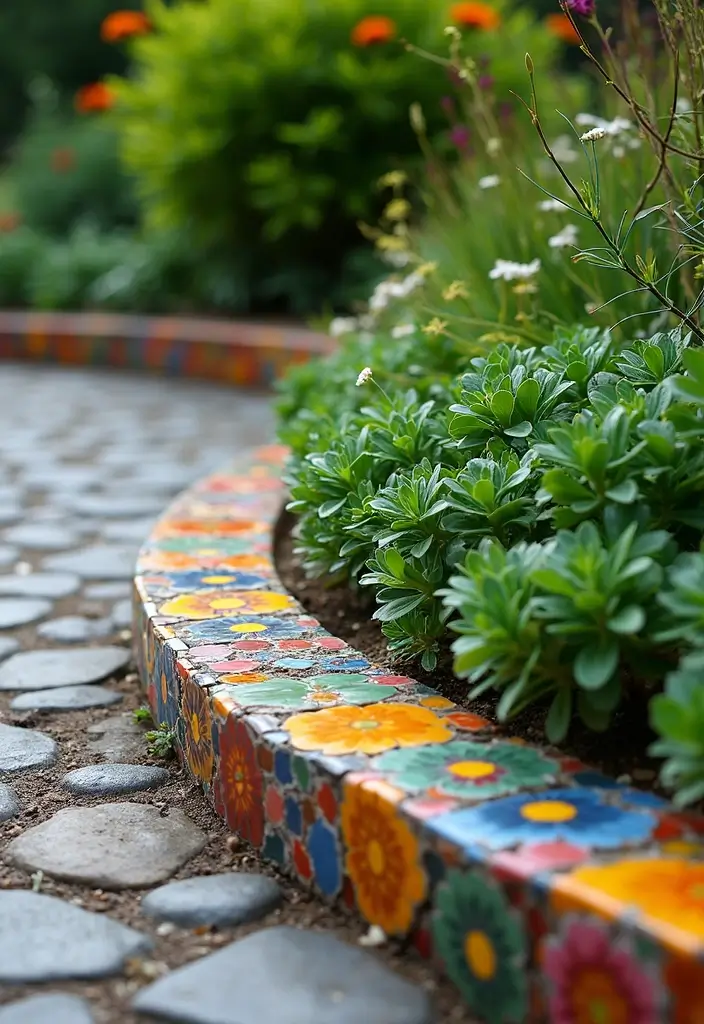 27 DIY Garden Edging Ideas Cheap Yet Stunning - 25. Mosaic Tile Edging