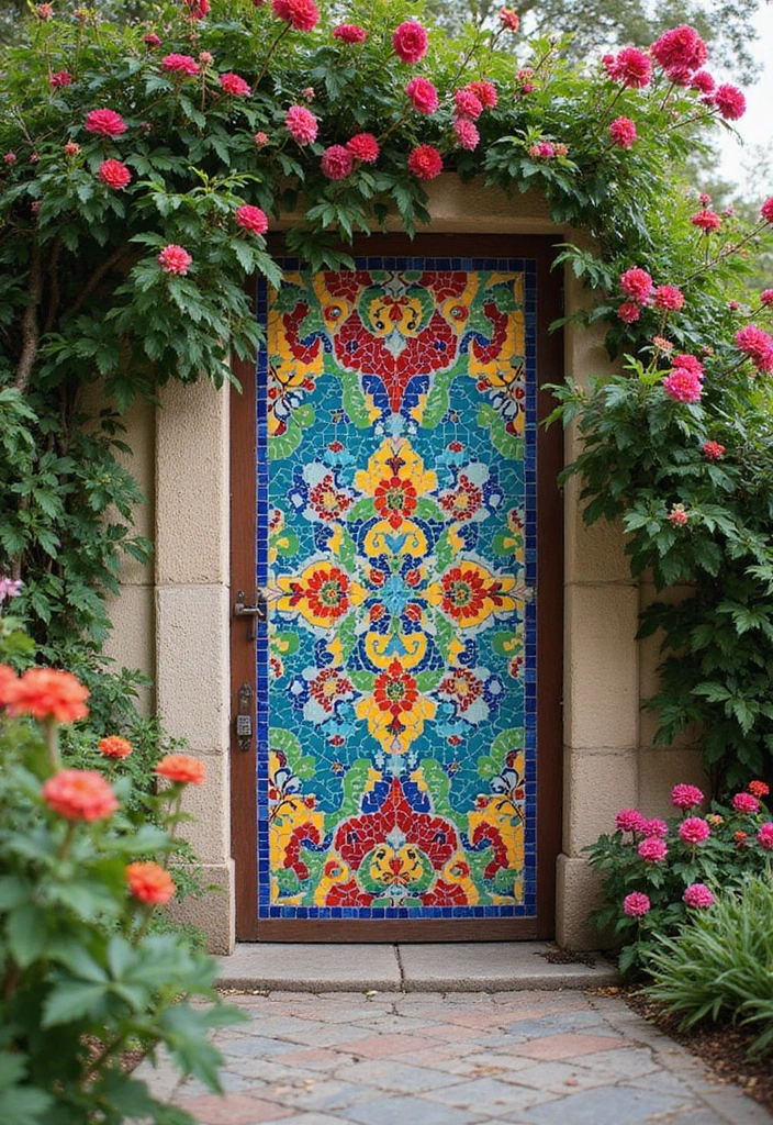 27 DIY Garden Gates Ideas for a Charming Entrance - 23. DIY Tile Mosaic Gate
