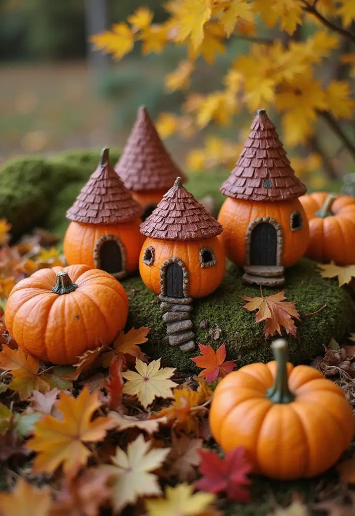 27 Fairy Garden Houses DIY Projects That Spark Imagination - 17. Miniature Pumpkin Homes