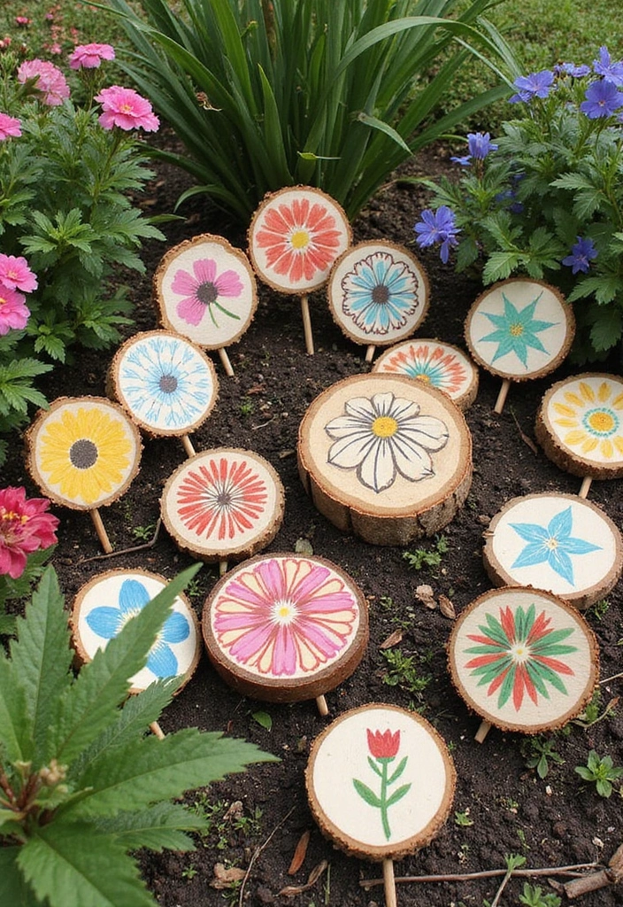 27 Garden Art DIY Easy Projects That Bring Life to Your Yard - 19. Painted Wood Slices