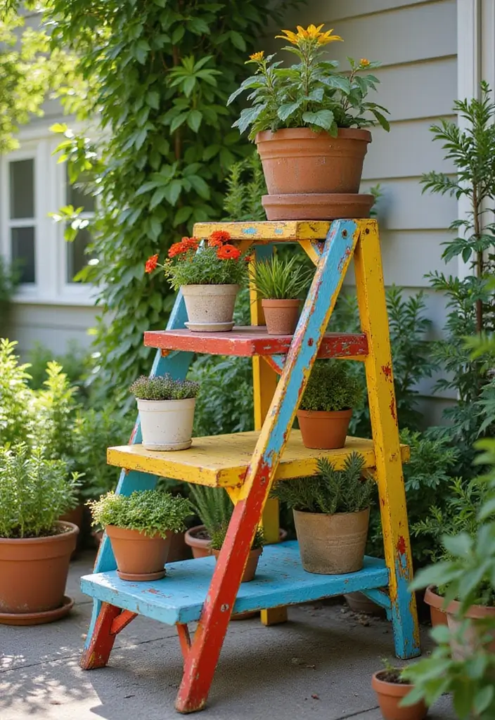 27 Garden Art DIY Easy Projects That Bring Life to Your Yard - 25. Charming Painted Step Ladder