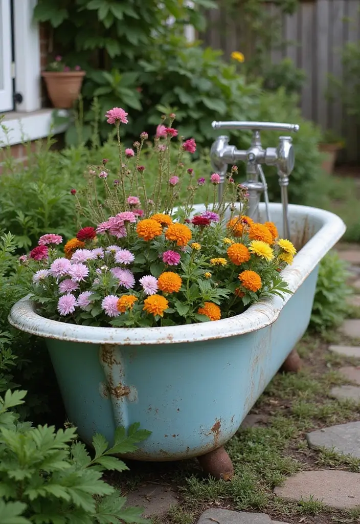 27 Garden DIY Decoration Ideas for Creative Homeowners - 13. Repurposed Bathroom Fixtures as Garden Decor