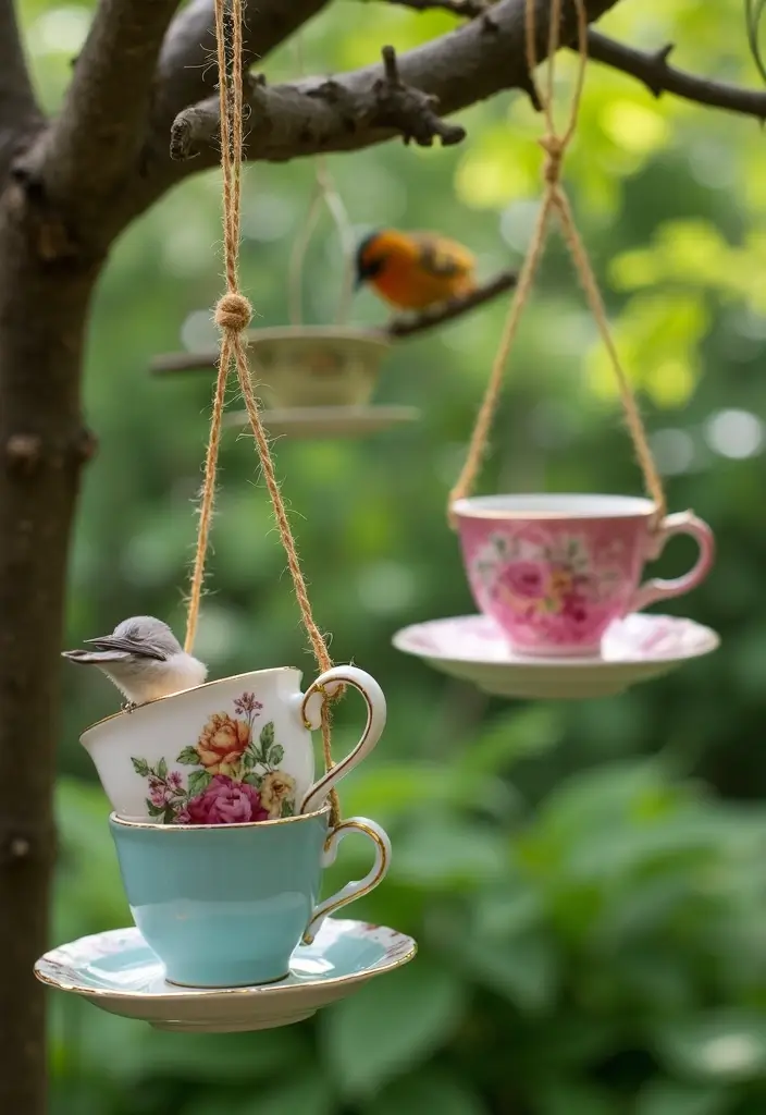27 Garden DIY Decoration Ideas for Creative Homeowners - 5. Upcycled Teacup Bird Feeders