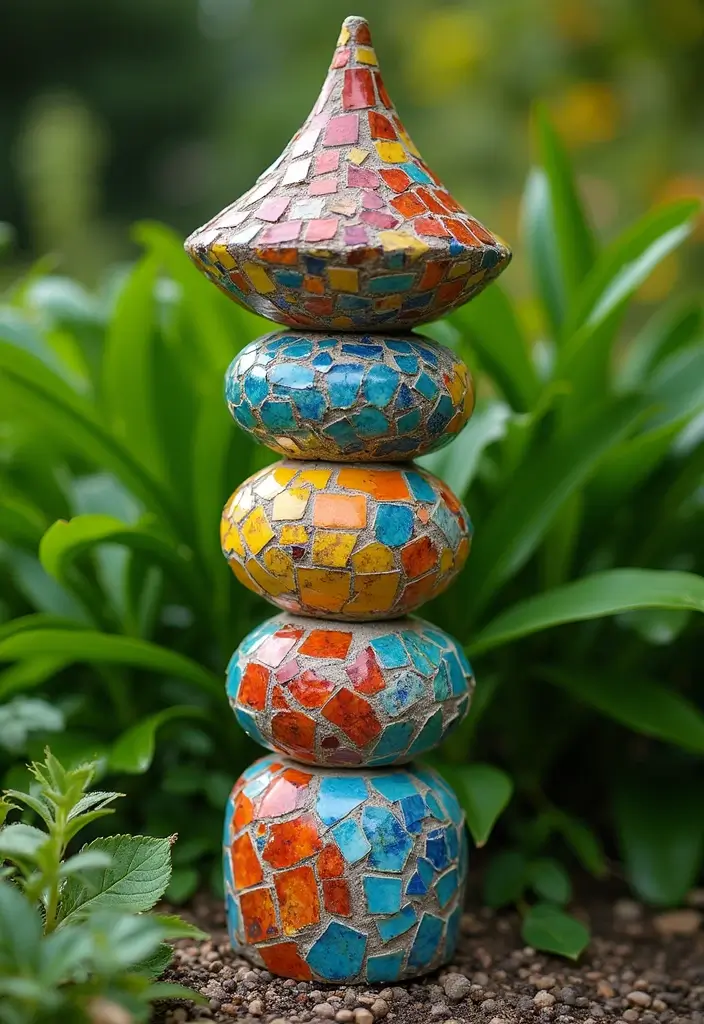 27 Garden Totems DIY Yard Art Projects You’ll Absolutely Love - 1. Colorful Tile Totem