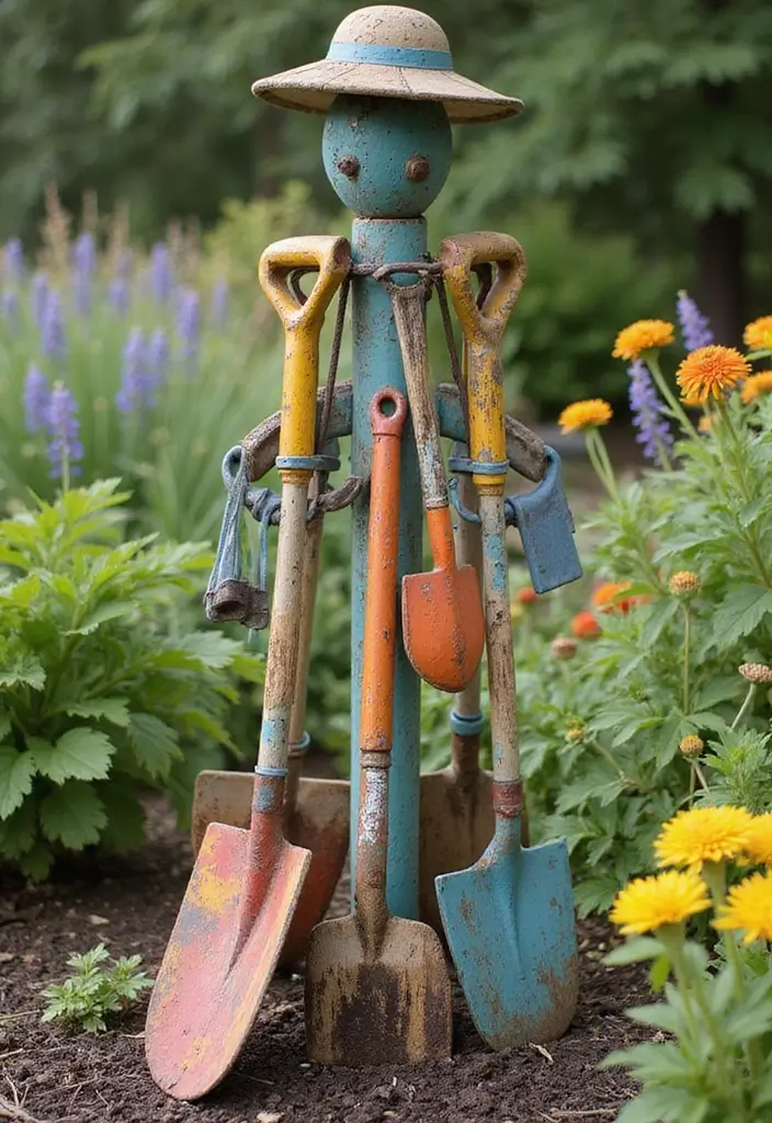 27 Garden Totems DIY Yard Art Projects You’ll Absolutely Love - 26. Gardening Tool Totem