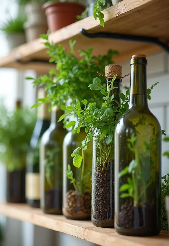 27 Indoor Herb Garden DIY Kitchens Full of Fresh Flavor - 11. Upcycled Wine Bottles Herb Garden
