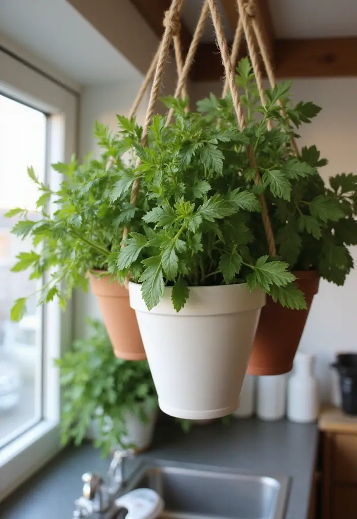 27 Indoor Herb Garden DIY Kitchens Full of Fresh Flavor - 4. Hanging Herb Garden