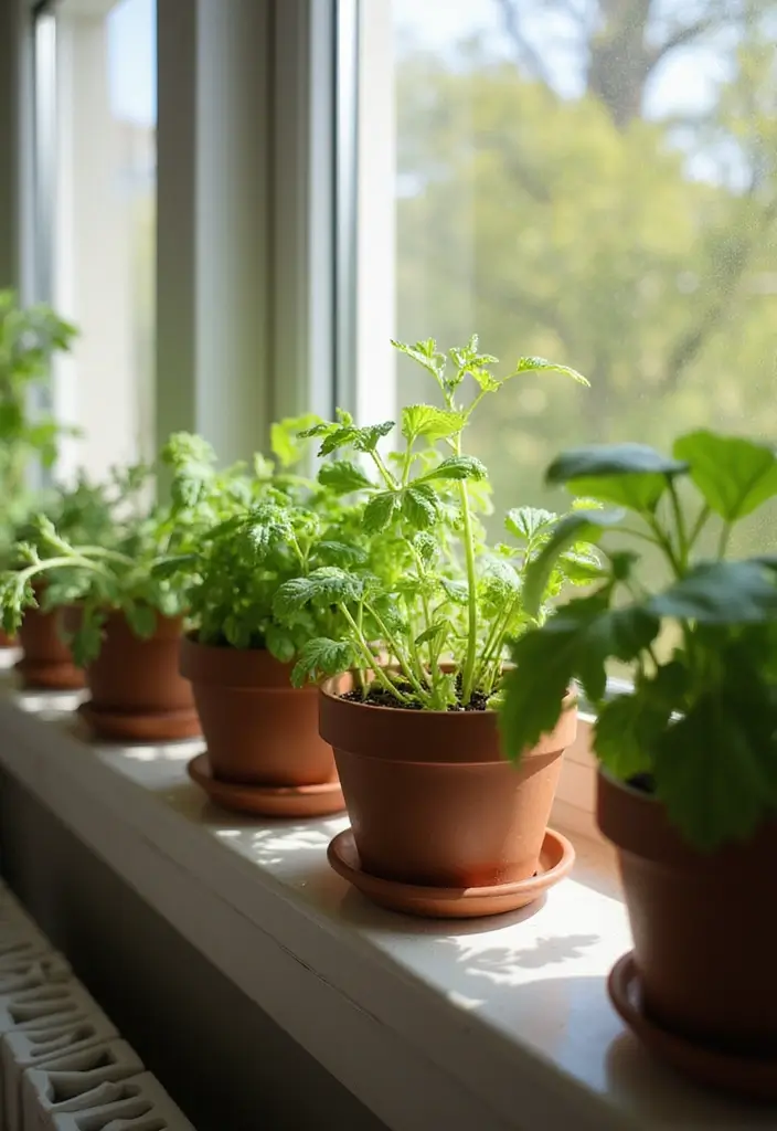 27 Indoor Herb Garden DIY Kitchens Full of Fresh Flavor - 9. Kitchen Windowsill Herb Planters