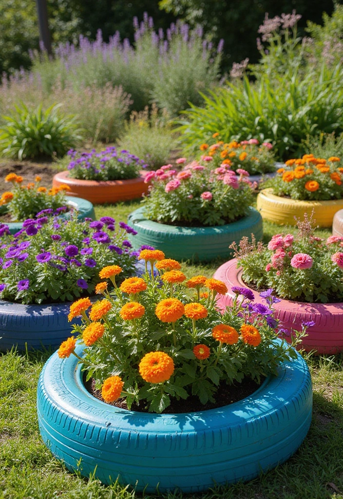 27 Raised Garden Bed DIY Ideas for Every Skill Level - 10. Recycled Tire Planters