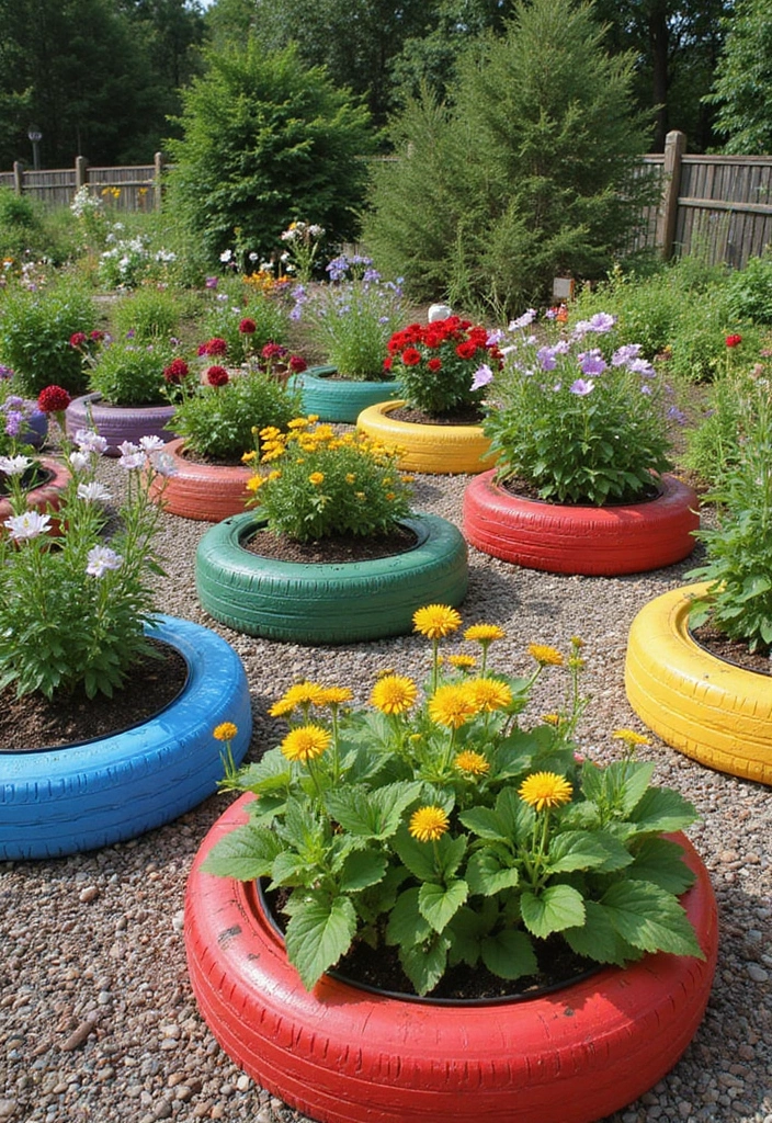 30 Cheap Raised Garden Beds DIY Plans for Any Backyard - 3. Recycled Tire Planters