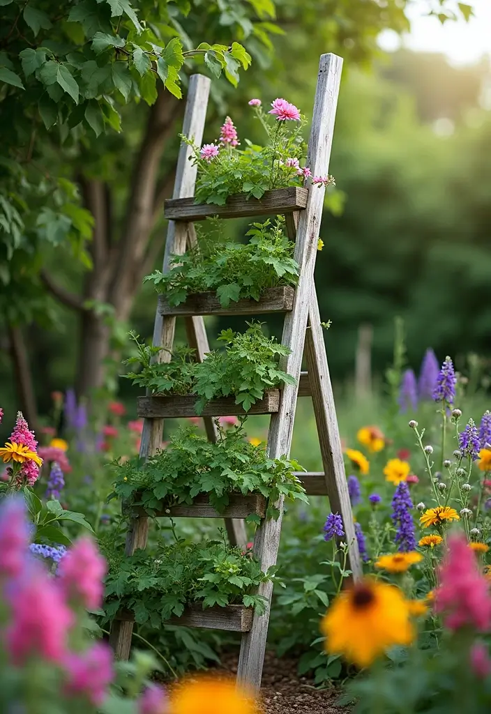30 DIY Garden Arch Trellis Projects for Beautiful Climbing Plants - 26. Garden Ladder Ascending Trellis