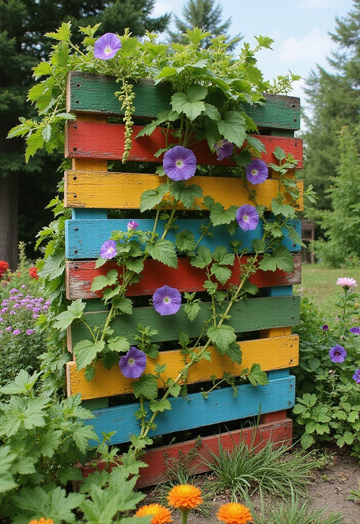 30 DIY Garden Arch Trellis Projects for Beautiful Climbing Plants - 6. Colorful Trellis with Painted Pallets