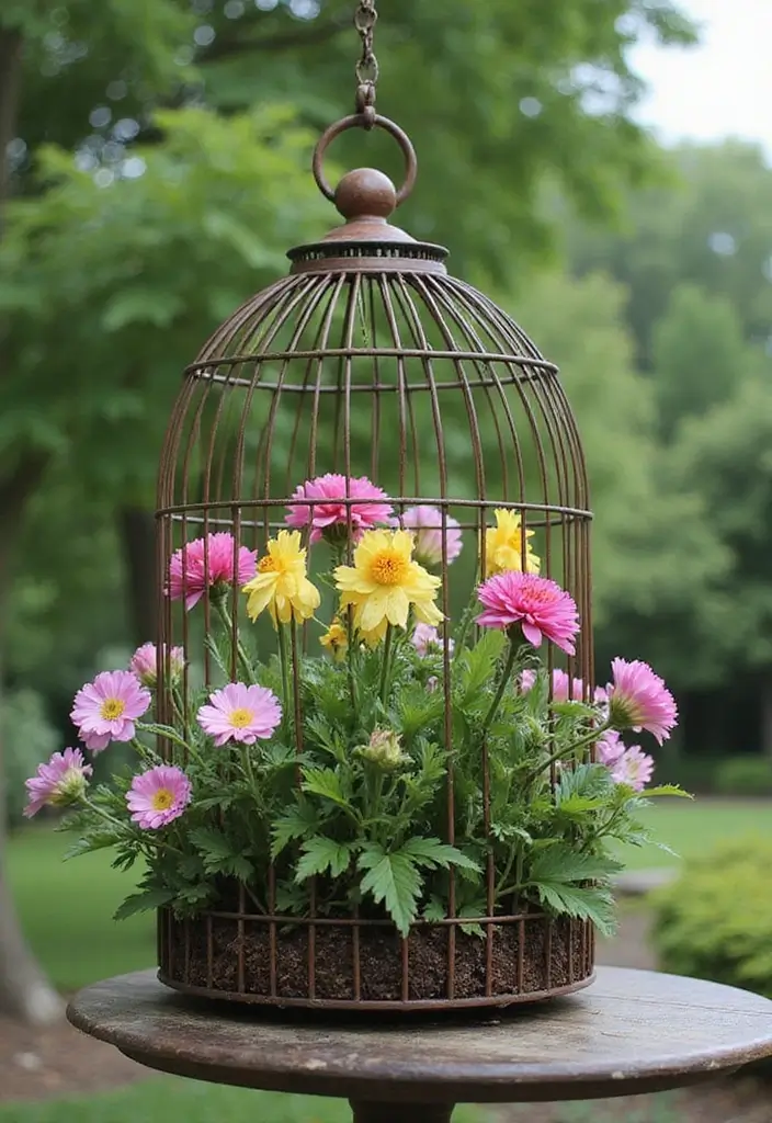 30 DIY Garden Beds Cheap Projects That Anyone Can Make - 25. Repurposed Birdcage Planters