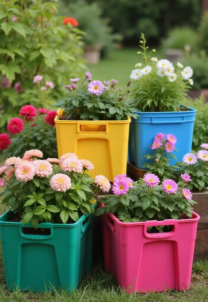 30 DIY Garden Beds Cheap Projects That Anyone Can Make - 28. Colorful Plastic Tote Planters