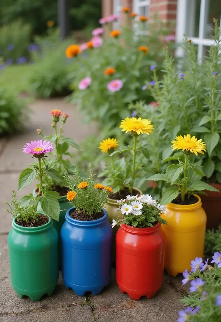 30 DIY Small Garden Ideas to Transform Limited Spaces - 21. Colorful Plastic Bottle Planters