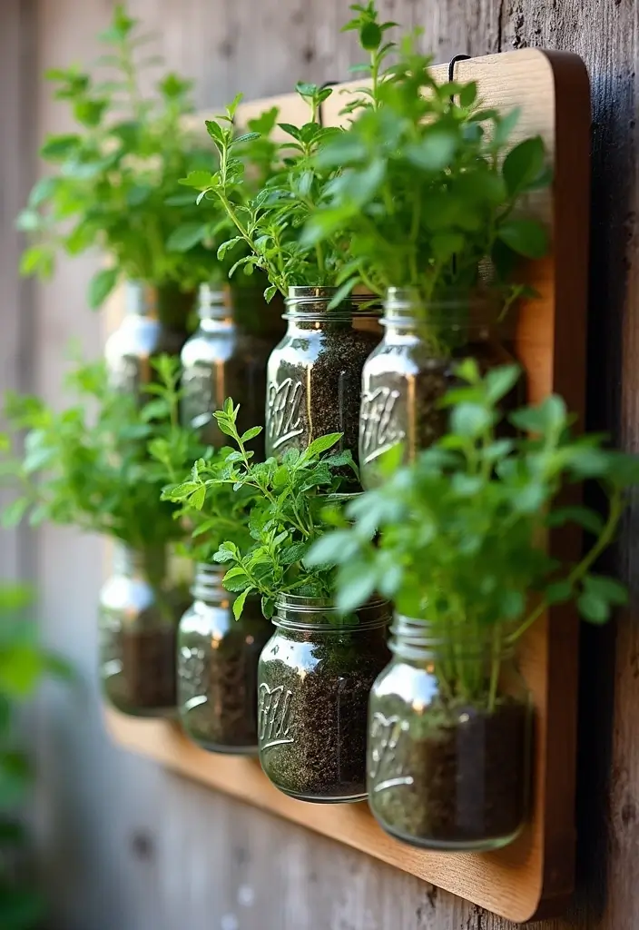 30 DIY Vertical Garden Wall Ideas to Maximize Space - 12. Mason Jar Herb Garden