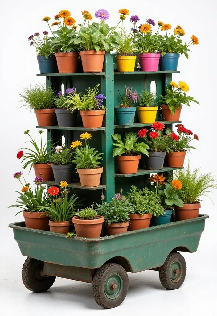30 DIY Vertical Garden Wall Ideas to Maximize Space - 22. Plastic Cart Garden