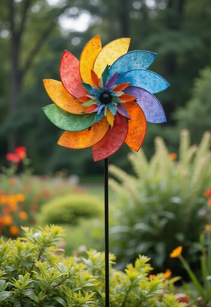 30 Garden Crafts DIY Yard Art to Add Personality to Your Garden - 22. Wind Spinner Garden Decor