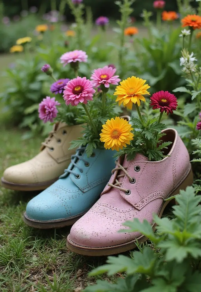 30 Garden Crafts DIY Yard Art to Add Personality to Your Garden - 23. Upcycled Shoe Planters