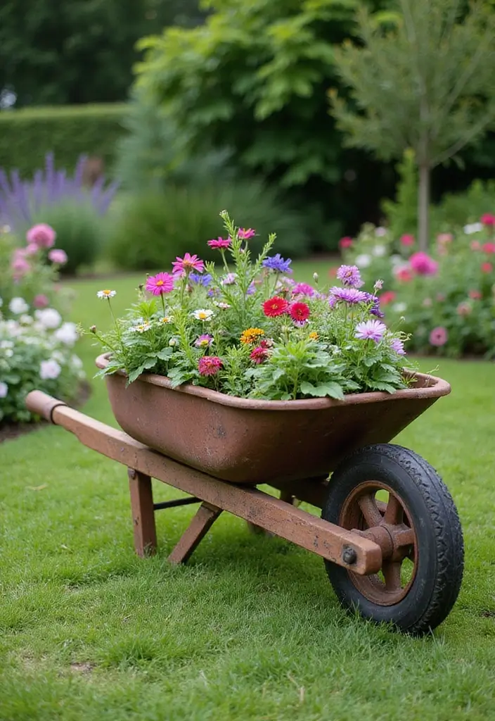 30 Garden Crafts DIY Yard Art to Add Personality to Your Garden - 28. Rustic Wheelbarrow Planter