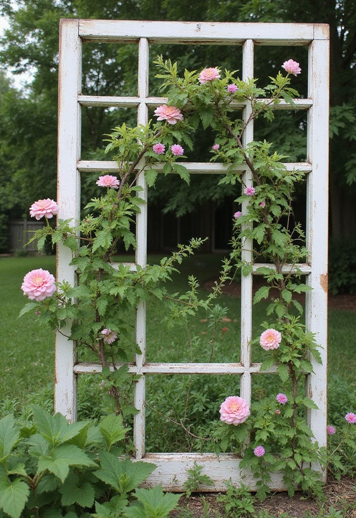 30 Garden Crafts DIY Yard Art to Add Personality to Your Garden - 6. Repurposed Window Frame Trellis