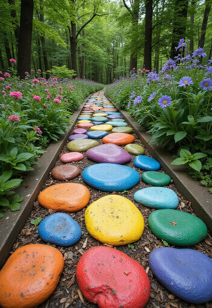 30 Garden Pathways DIY Cheap Designs That Look Amazing - 18. Painted Rocks Pathway
