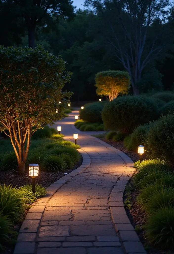 30 Garden Pathways DIY Cheap Designs That Look Amazing - 22. Solar Light Walkways