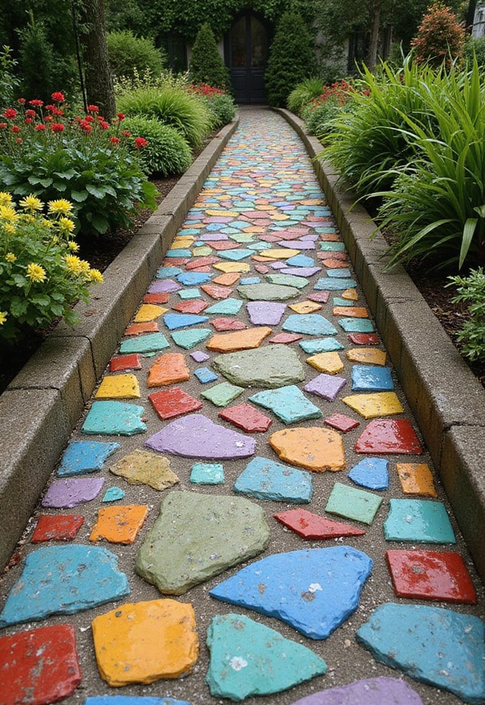 30 Garden Pathways DIY Cheap Designs That Look Amazing - 28. Mosaic Paths