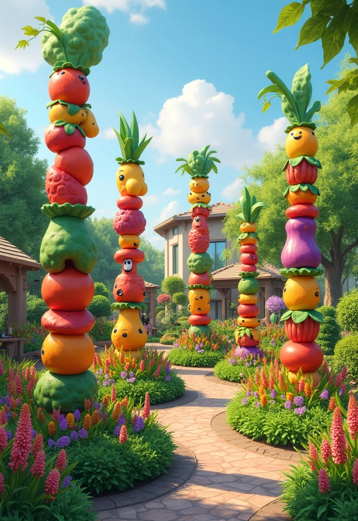 30 Garden Totem Poles DIY Yard Art Ideas to Brighten Your Space - 29. Fun Food Totems