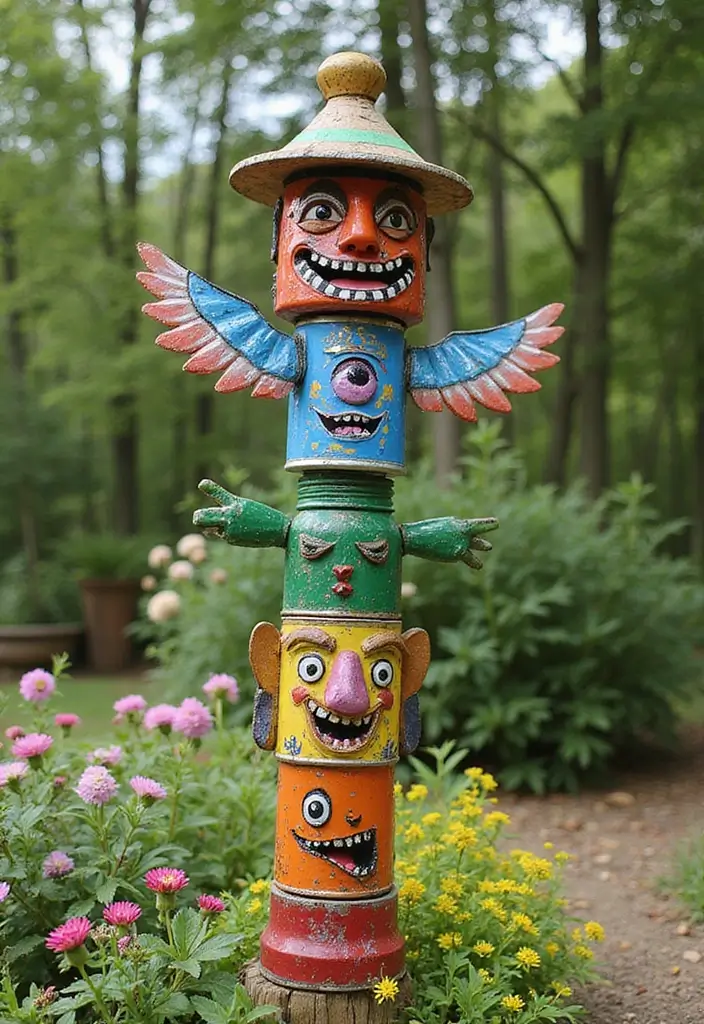 30 Garden Totem Poles DIY Yard Art Ideas to Brighten Your Space - 5. Recycled Material Totem Poles