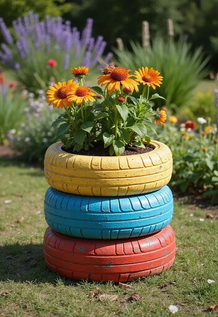 30 Inexpensive Raised Garden Beds DIY Projects That Save Money - 3. Old Tires as Garden Beds