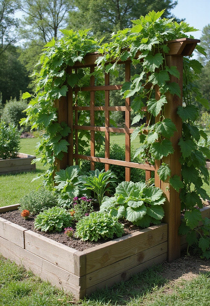 30 Raised Garden Beds DIY Layout Ideas for Perfect Harvests - 19. Raised Bed with Trellis for Climbing Plants