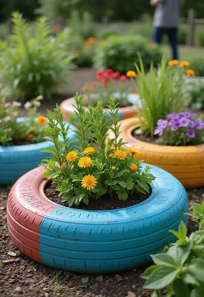 30 Raised Garden Beds DIY Layout Ideas for Perfect Harvests - 22. Recycled Tire Planters
